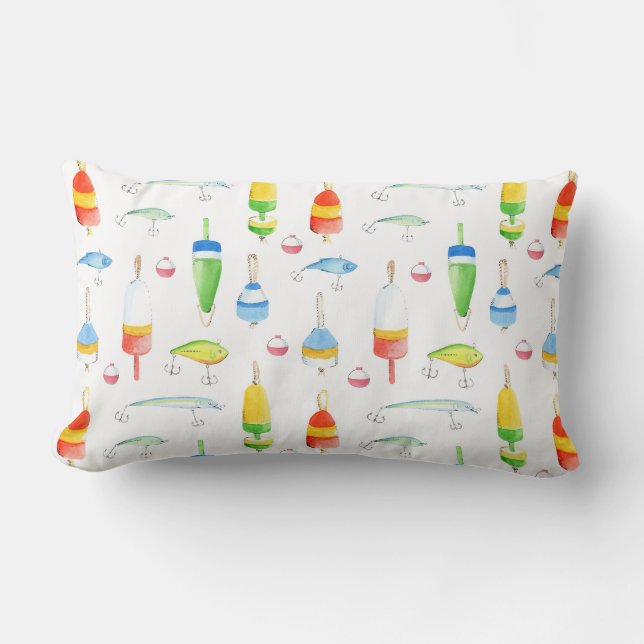 Cojín Lumbar Boyas y lures de acuarela de pesca (Anverso)