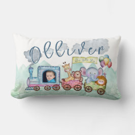 Cojín Lumbar Boys Watercolor Train Foto de cumpleaños
