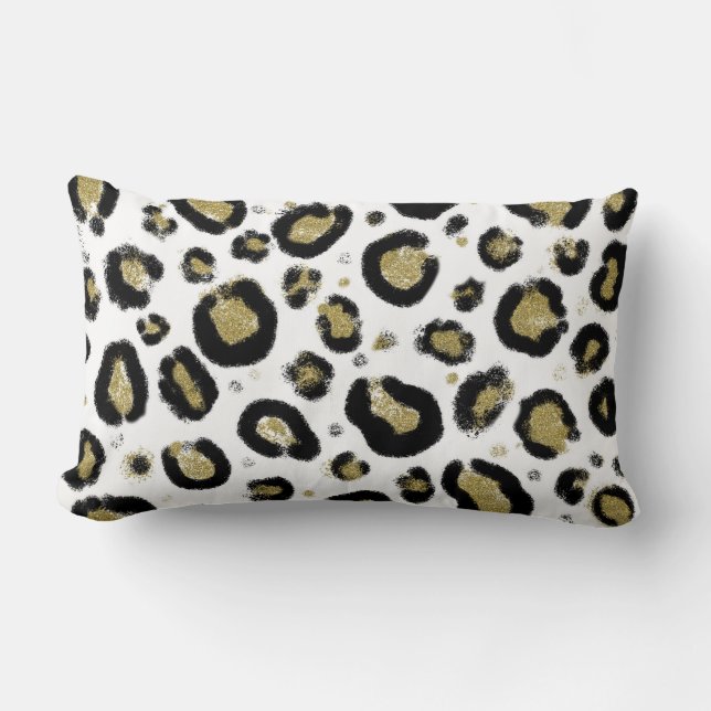 Cojín Lumbar Brillo de Oro Blanco y Estampado de Leopardo y Gue (Anverso)