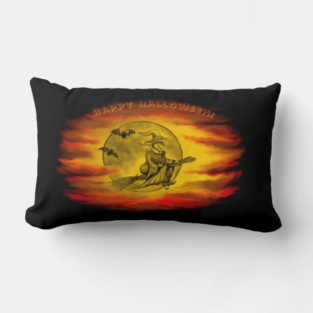 Cojín Lumbar Bruja voladora con gato negro, noche de halloween (Anverso)