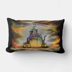 Cojín Lumbar Bruja y gato negro, ¡Feliz Halloween!