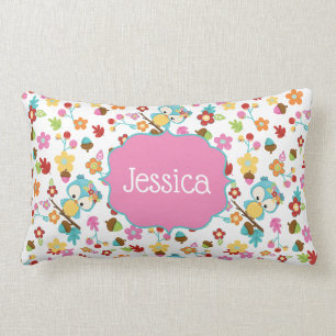 Cojín Lumbar Búho del bosque lindo flores nombre personalizado
