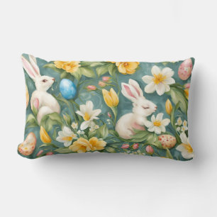 Cojín Lumbar Bunnies, flores de primavera y huevos de Pascua. P