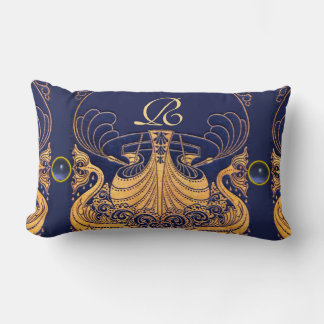 Cojín Lumbar Buque antiguo, delfines, oro, monograma azul marin