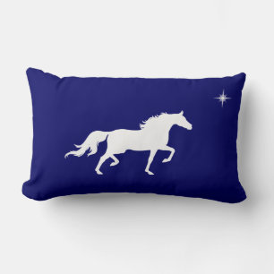 Cojín Lumbar Caballo blanco elegante y estrella sobre azul mari