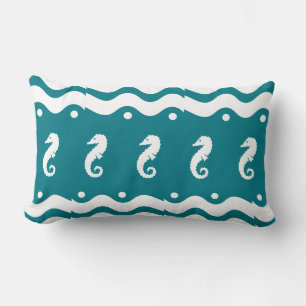 Cojín Lumbar caballo de mar blanco sobre azul decoración cost