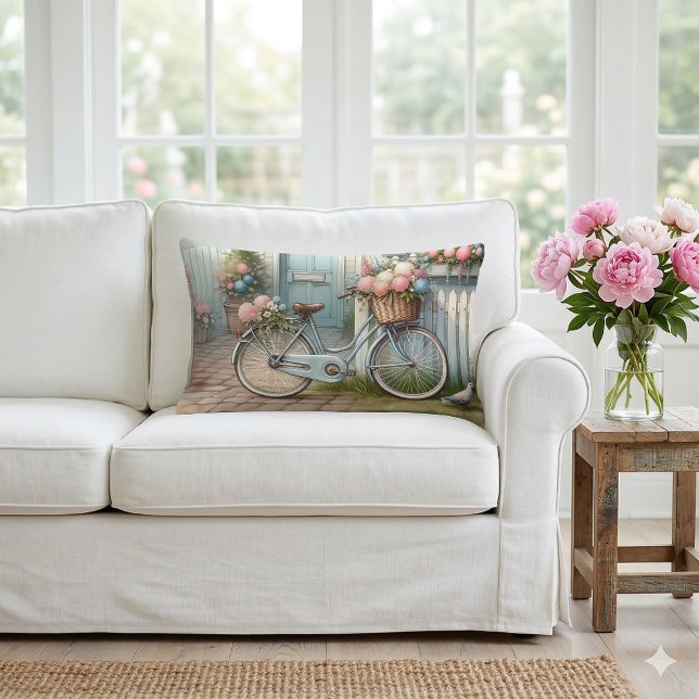 Cojín Lumbar Cabaña Azul Bicicleta con Cesta de Flores de Prima (Blue Cottage Bike with Spring Flower Basket Lumbar Pillow On White Sofa)
