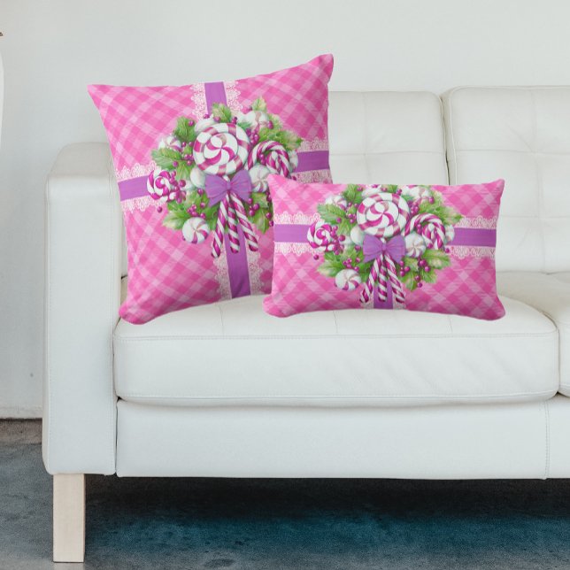 Cojín Lumbar Cabaña dulce rosa y morada (Sweet as candy, these pink and purple pillows come in 3 sizes!)