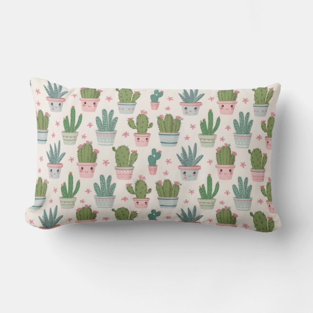 Cojín Lumbar "Cactus Cuties in Pastel Pots" (Anverso)