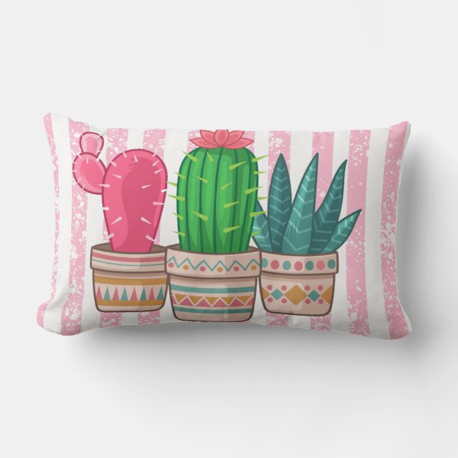 Cojín Lumbar cactus dibujado mano con el fondo de las rayas (Anverso)