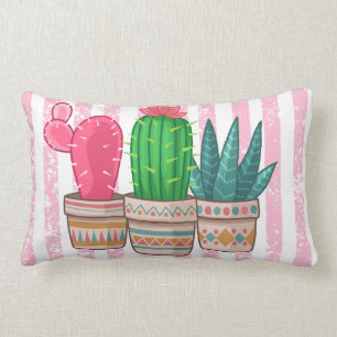 Cojín Lumbar cactus dibujado mano con el fondo de las rayas
