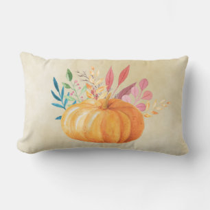 Cojín Lumbar Calabaza de Acuarela Naranja Temporada de Otoño