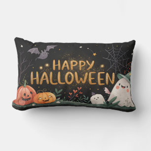 Cojín Lumbar calabaza de halloween feliz con acuarela y fantasm