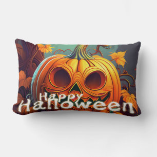 Cojín Lumbar Calabaza naranja espeluznante con cara, Halloween