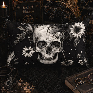 Cojín Lumbar Calavera Botánica Gótica Negro y Blanco