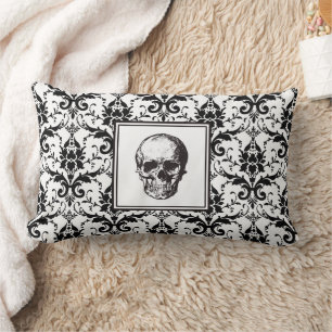Cojín Lumbar Calavera de Halloween con patrón de damasco negro 