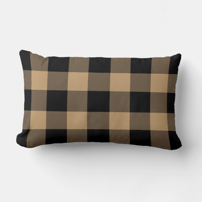 Cojín Lumbar Camello Marrón Cuadro de Plaid de Búfalo Negro (Anverso)