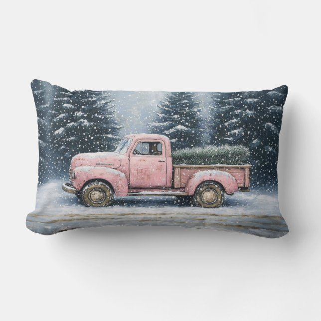 Cojín Lumbar Camión rosa de época llevando un árbol de Navidad (Anverso)