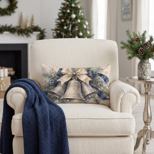 Cojín Lumbar Campanas de Navidad de plata elegantes en acuarela