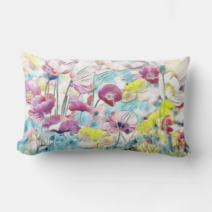 Cojín Lumbar Campo acuarela vintage de flores de amapola