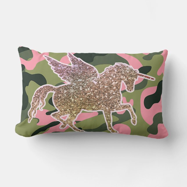 Cojín Lumbar Camuflaje de camo verde rosa y unicornio Purpurina (Anverso)