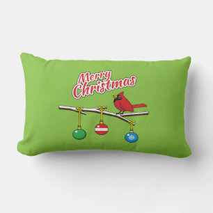 Cojín Lumbar Cardenal Rojo en Rama Desnuda de Navidad - Feliz N