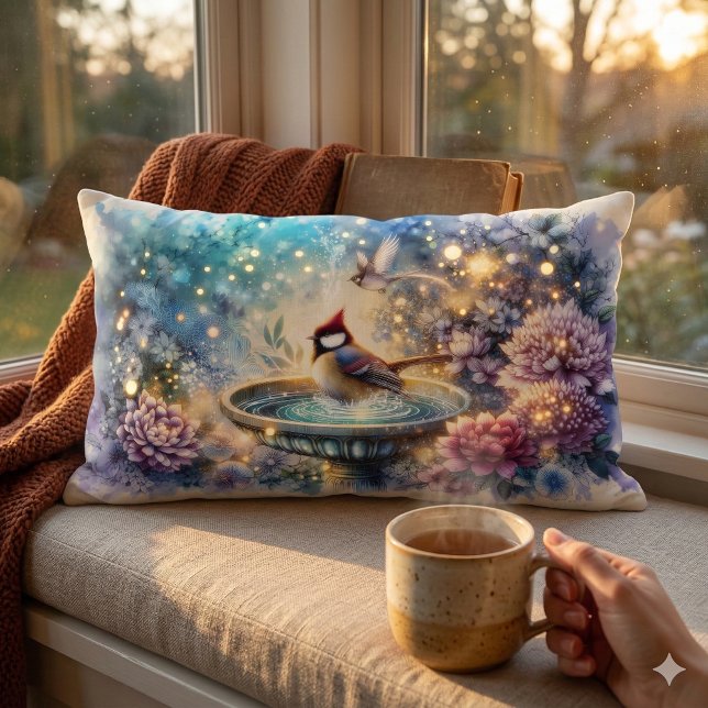 Cojín Lumbar Cardinal at Birdbath Dreamy Garden Ar (Cardinal at Birdbath Dreamy Garden Ar Lumbar Pillow Mockup D)