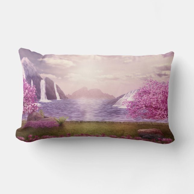 Cojín Lumbar Cascadas y cerezos en un lago (Anverso)