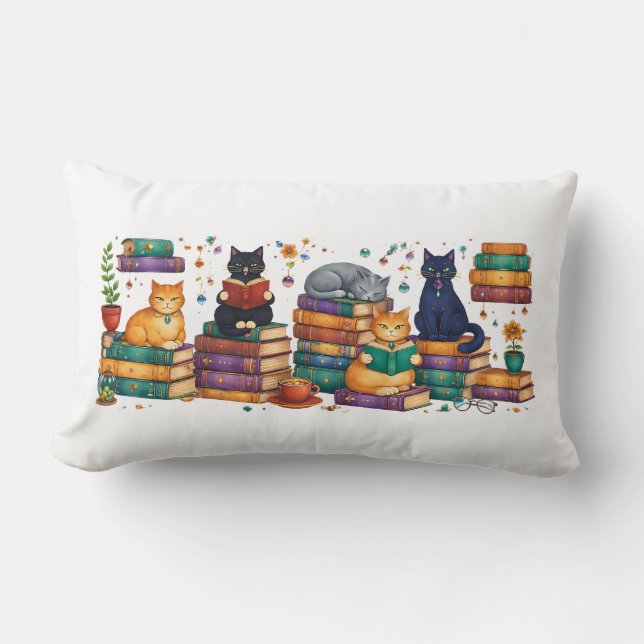 Cojín Lumbar Cats Reading Books Cozy Library Scene (Anverso)