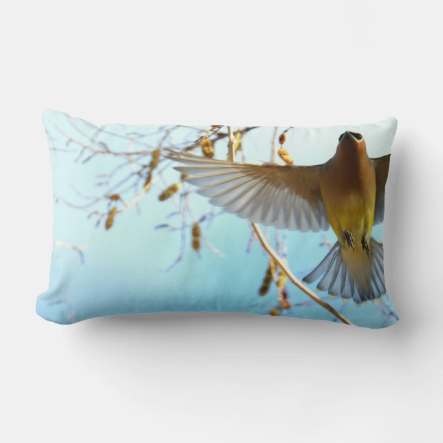 Cojín Lumbar Cedar Waxwing in Flight/Palau Blue Sky (Anverso)