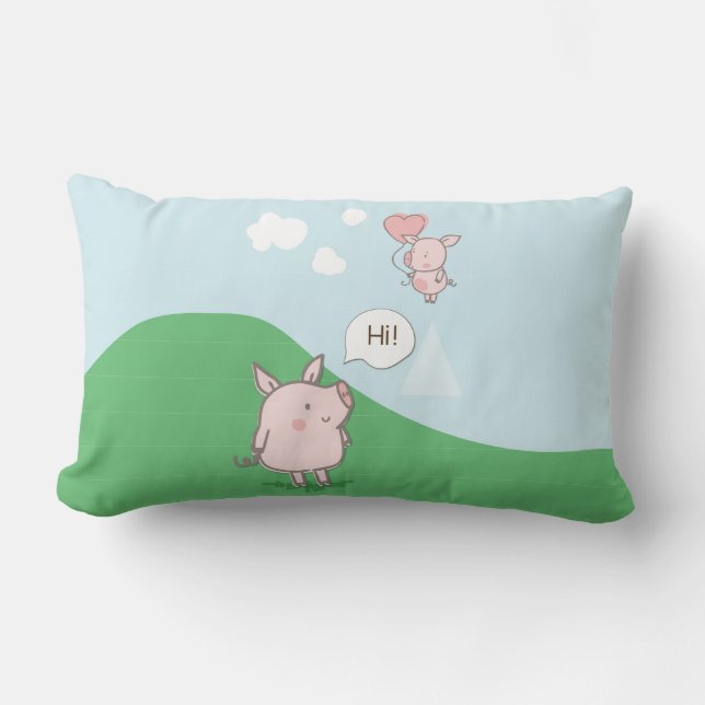 Cojín Lumbar Cerdo flotante lindo diciendo hola (Anverso)
