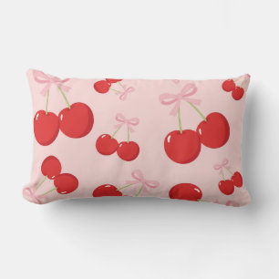 Cojín Lumbar Cerezas Rojas con Lazo Rosa Coquette Estilo Cottag