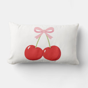 Cojín Lumbar Cerezas Rojas con Lazo Rosa Coquette Estilo Cottag