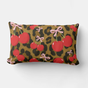 Cojín Lumbar Cerezas Rojas con Lazo Rosa Estampado de Leopardo 