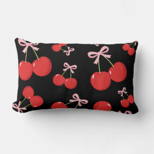 Cojín Lumbar Cerezas rojas negras lazo rosa Coquette Chic rústi