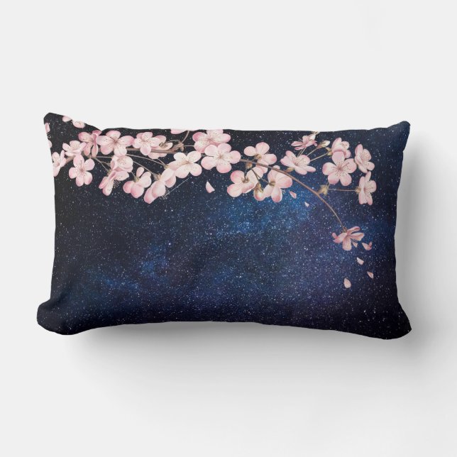 Cojín Lumbar Cherry Blossom Navy Blue Milkyway Nightsky Galaxia (Anverso)