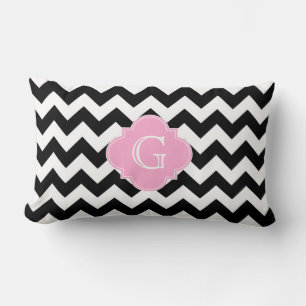 Cojín Lumbar Chevron Negro Blanco Monograma Cuatrefoil Rosa