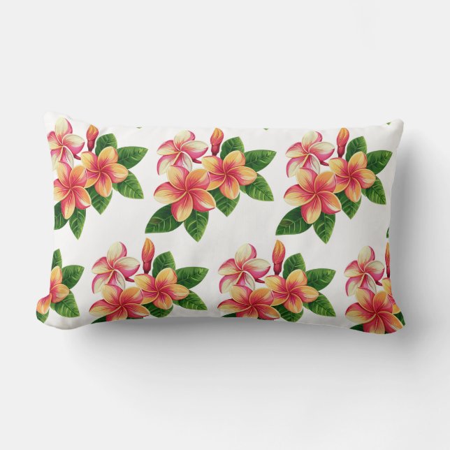 Cojín Lumbar Chic Boho Tropical Flores Rosadas sobre Blanco (Anverso)