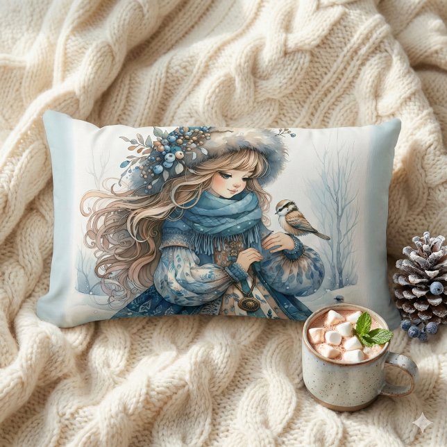 Cojín Lumbar Chica de invierno con pájaro en Abrigo Floral Azul (Winter Girl with Bird in Blue Floral Coat Lumbar Pillow Mockup A)