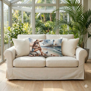 Cojín Lumbar Chica de la Playa Costera y Faro