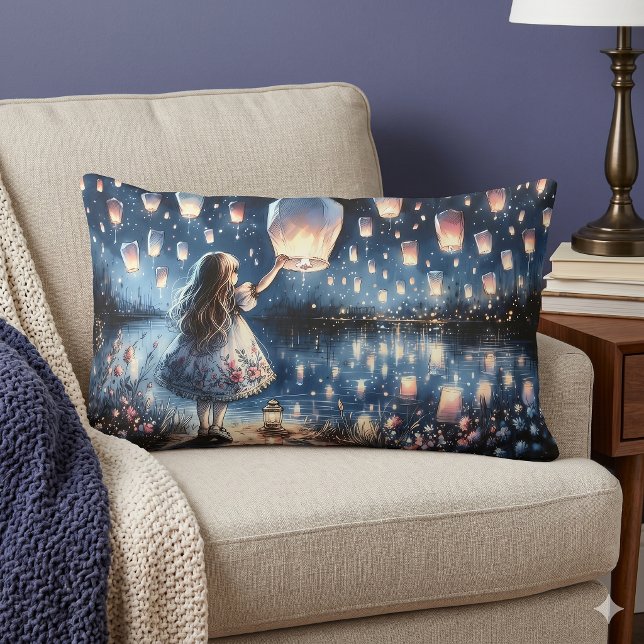 Cojín Lumbar Chica del lago de linterna celestial caprichosa  (Whimsical Sky Lantern Lake Girl Lumbar Pillow)