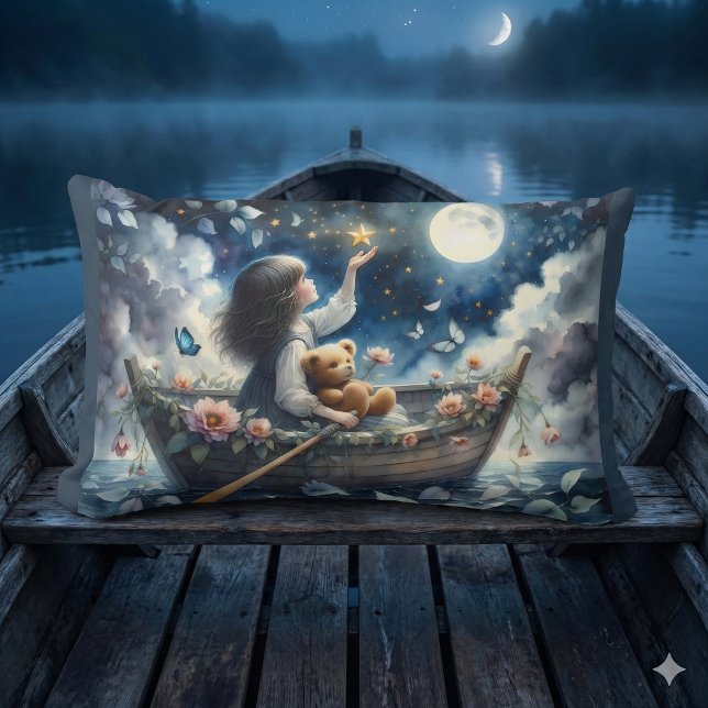 Cojín Lumbar Chica soñadora en barca bajo la luz de la luna esc (Dreamy Girl Rowing Boat Moonlit Fantasy Scene Lumbar Pillow Mockup C)