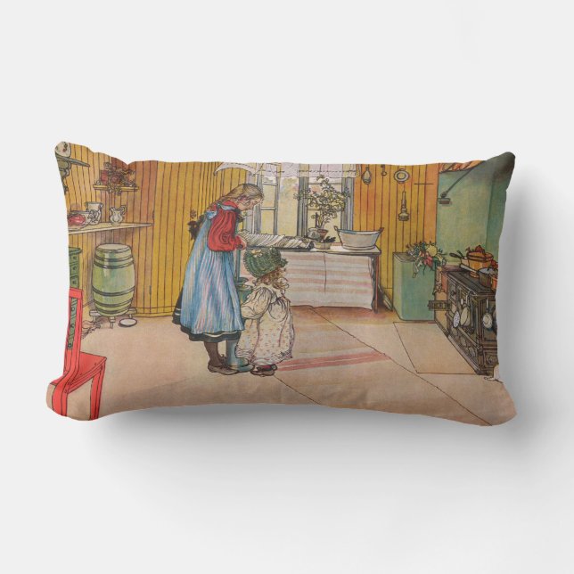 Cojín Lumbar Chicas en la cocina (arte sueco clásico) (Anverso)