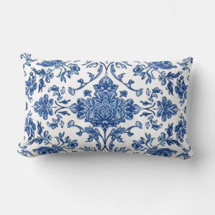 Cojín Lumbar Chinoisería Floral Azul Acuarela Blanca