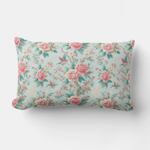 Cojín Lumbar Chinoiserie Elegante Pájaro Floral Rosa y Aqua