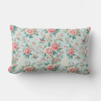 Cojín Lumbar Chinoiserie Elegante Pájaro Floral Rosa y Aqua