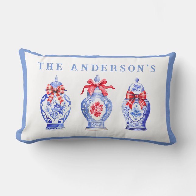 Cojín Lumbar Chinoiserie Ginger Jar con rojo Bow (Anverso)