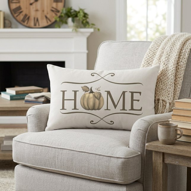Cojín Lumbar Cita de HOGAR de granja moderna de otoño con calab (Fall Modern Farmhouse HOME quote with Pumpkin Lumbar Pillow)