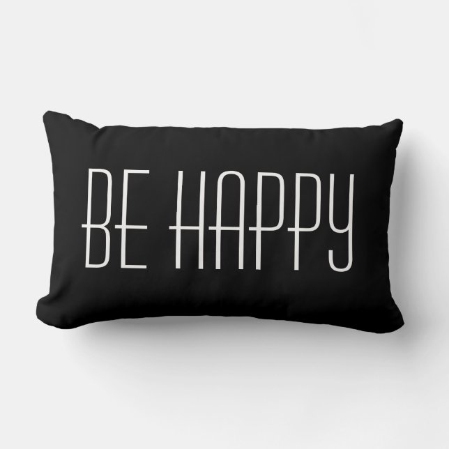 Cojín Lumbar Cita Moderna Simple de Felicidad en Negro y Blanco (Anverso)