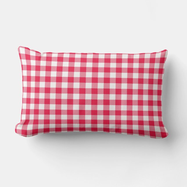 Cojín Lumbar Clásico patrón de gingham rojo y blanco rústico (Anverso)